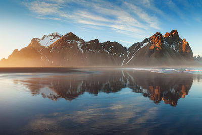 Scenic view of lake by snowcapped mountains against sky