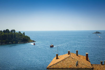 Scenic view of bay against clear sky