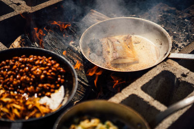 High angle view of food on barbecue grill