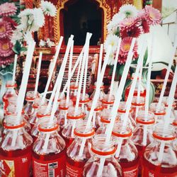 Close-up of red wine for sale at market stall