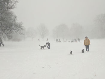 People on snow covered landscape against sky during winter