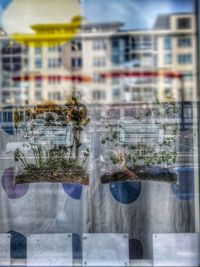 Close-up of glass window against buildings in city