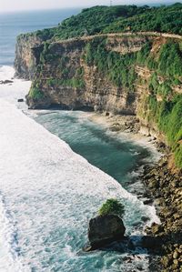 Scenic view of sea by cliff