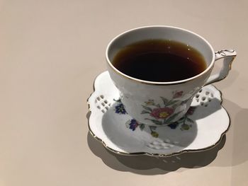 High angle view of cup of tea