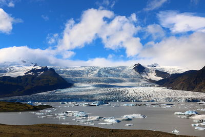 Scenic view of snowcapped mountains against sky