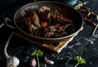 High angle view of meat in cooking pan