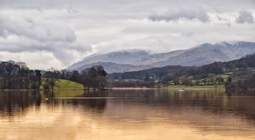 Scenic view of lake and mountains against sky