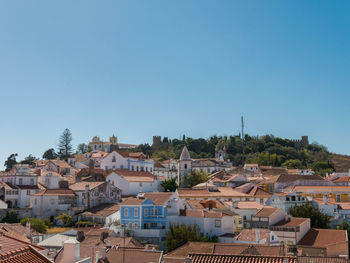 High angle view of townscape against clear blue sky