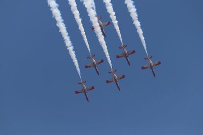 Low angle view of fighter planes flying clear blue sky