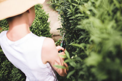 Midsection of woman standing by plant