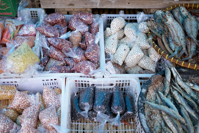 High angle view of fish for sale in market