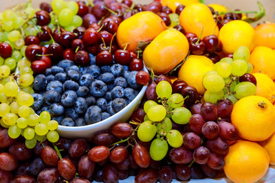 High angle view of grapes in container
