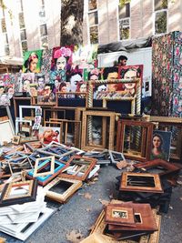 High angle view of people for sale at street market