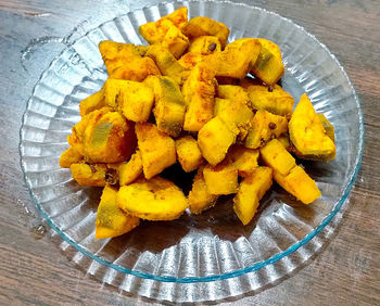 High angle view of food in plate on table