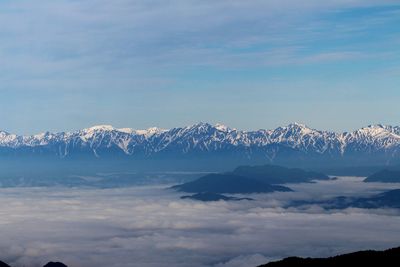 Scenic view of mountains against sky during winter