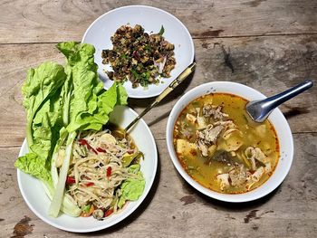 High angle view of meal served on table