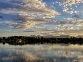Scenic view of lake against sky at sunset