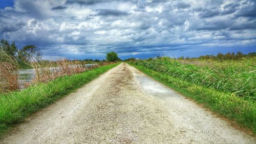 Dirt road passing through field against cloudy sky