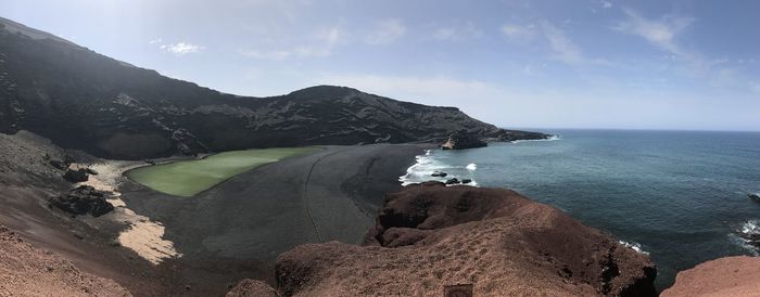 Scenic view of sea and mountain against sky