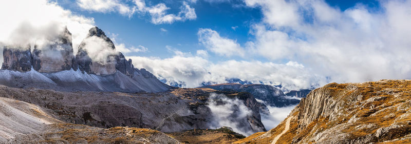 Panoramic view of snowcapped mountains against sky