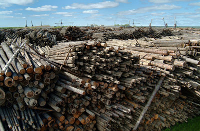 Stack of logs against sky