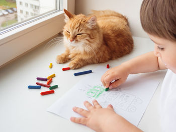 Toddler draws colorful robot. kid uses wax crayons to paint it. ginger cat with child. 