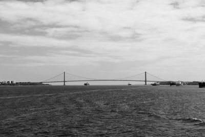 View of suspension bridge over sea