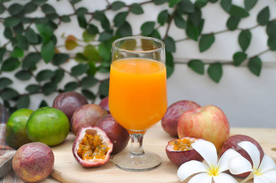 Close-up of fruits in glass on table