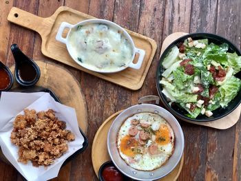 High angle view of food served on table