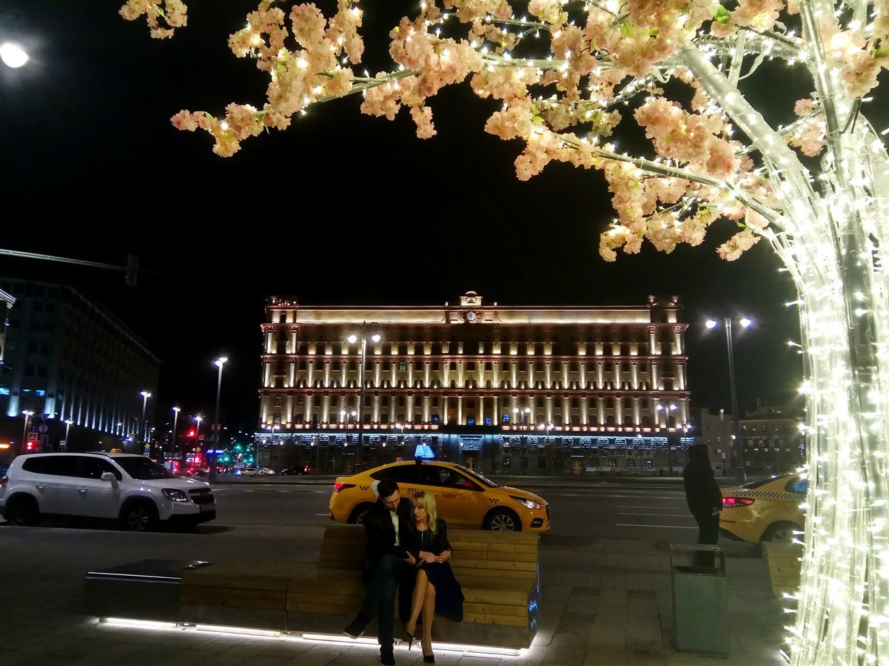 night, illuminated, architecture, built structure, building exterior, city, plant, real people, tree, transportation, nature, street, group of people, car, motor vehicle, people, men, walking, outdoors, mode of transportation, luxury