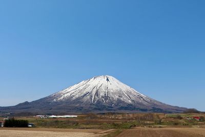 Scenic view of snowcapped mountains against clear blue sky