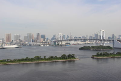 City by river and buildings against sky