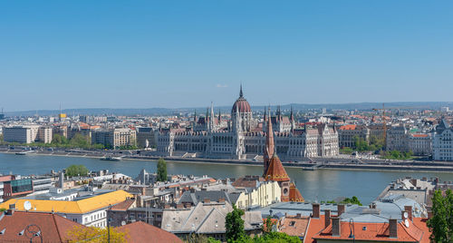 Panoramic view of city buildings by river against clear sky
