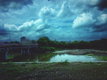 Scenic view of lake against cloudy sky