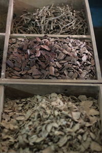 High angle view of dried food on table