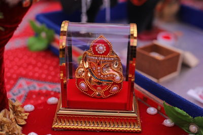 High angle view of cross on table