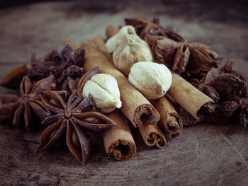 Close-up of dried vegetables on table