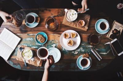 Directly above shot of breakfast served on table