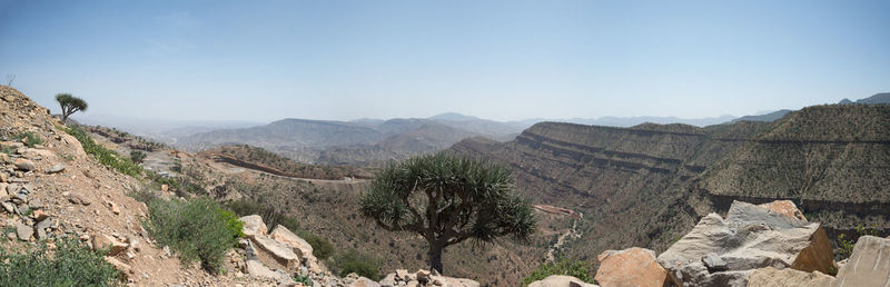 Panoramic view of rocky mountains against clear sky