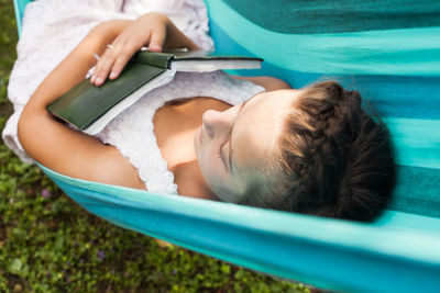 High angle view of woman using mobile phone