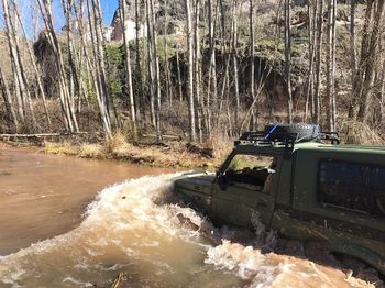 Abandoned car by river in forest