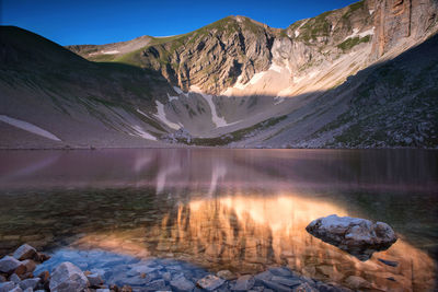 Scenic view of lake by mountains against sky