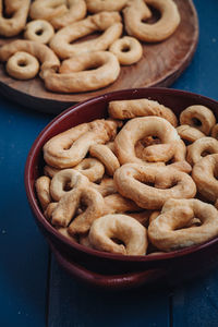 High angle view of cookies in plate on table