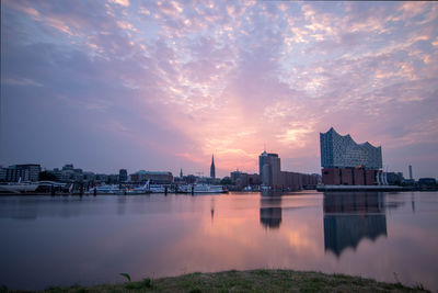 River by buildings against sky during sunset