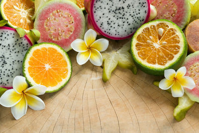 High angle view of various fruits on table