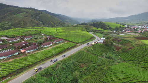 High angle view of agricultural field against sky