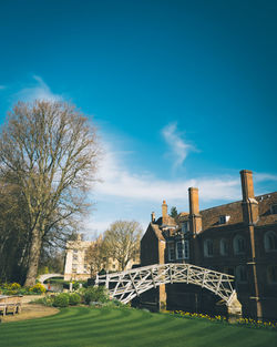 Low angle view of building against clear blue sky