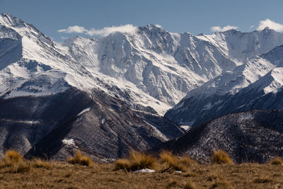 Winter in the mountains of chechnya. scenic view of snowcapped mountains against sky