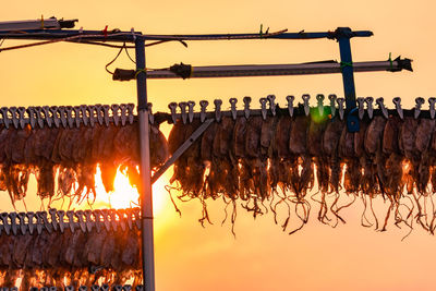 Clothes drying on clothesline against sky during sunset