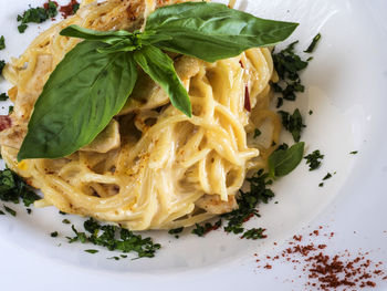Close-up of spaghetti with cream sauce and chicken fillet in plate